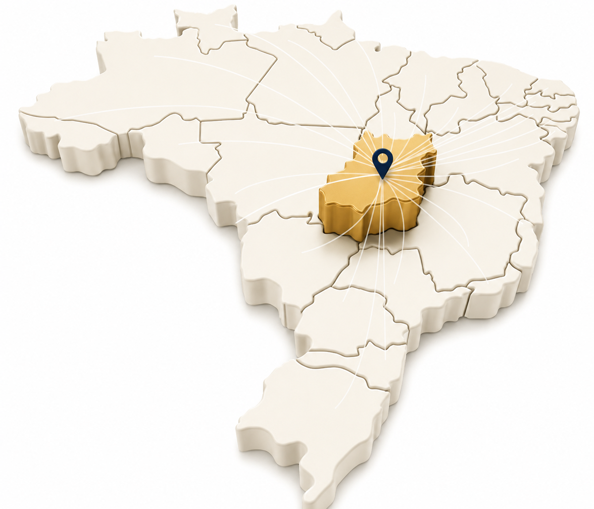 Mapa do Brasil com o estado de Goiás em destaque — sede em Rio Verde e atuação em todo o país